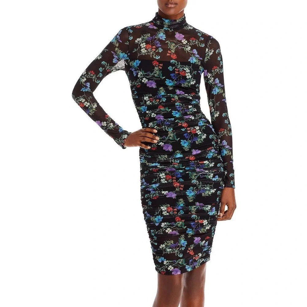 Alice + Olivia Delora Midi Dress Black Floral Ruched Bodycon Long-sleeved‎